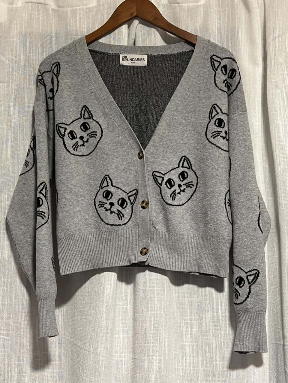 No Boundaries Cute Cat Face Cardigan Cropped Grey/Black